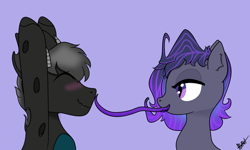 Size: 3855x2318 | Tagged: safe, artist:biru, derpibooru import, changeling, blushing, licking, purple background, simple background, tongue, tongue out