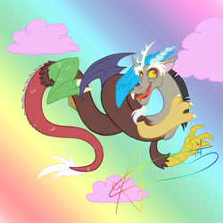 Size: 1000x1000 | Tagged: safe, artist:vaiya, derpibooru import, discord, draconequus, cloud, derp, flying, male, rainbow, signature, smiling, solo