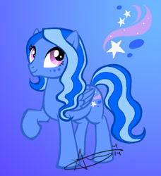 Size: 699x768 | Tagged: safe, artist:vaiya, derpibooru import, oc, oc only, pegasus, pony, eyelashes, female, gradient background, mare, pegasus oc, signature, smiling, solo, wings