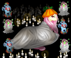 Size: 883x714 | Tagged: safe, artist:dedonnerwolke, derpibooru import, fluttershy, rainbow dash, pegasus, pony, candle, chibi, female, hat, mare, pumpkin