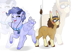 Size: 2100x1528 | Tagged: safe, artist:dedonnerwolke, derpibooru import, oc, oc only, oc:tranquil feather, oc:wandering mind, donkey, goat, pegasus, pony, blushing, cloven hooves, earbuds, glasses, goat pony, music player, one eye closed, pegasus oc, raised hoof, raised leg, smiling, wings, wink, zoom layer