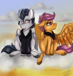Size: 989x1040 | Tagged: safe, artist:millefaller, derpibooru import, rumble, scootaloo, pegasus, pony, clothes, cloud, colt, female, filly, hoodie, male, on a cloud, one wing out, outdoors, rumbloo, scarf, shipping, signature, straight, unshorn fetlocks, wings