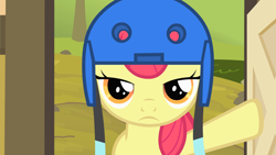 Size: 1920x1080 | Tagged: safe, derpibooru import, screencap, apple bloom, earth pony, pony, somepony to watch over me, bored, female, filly, helmet, solo, unamused