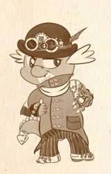 Size: 285x445 | Tagged: artist needed, safe, spike, dragon, bowler hat, button shirt, glasses, hat, jacket, looking at you, male, mechanical arms, mechanical hands, pouch, quill, smiling, smirk, solo, steampunk, striped pants