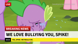 Size: 1280x720 | Tagged: safe, edit, edited screencap, screencap, pinkie pie, spike, twilight sparkle, unicorn twilight, dragon, earth pony, pony, unicorn, it ain't easy being breezies, break your own news, crying, female, male, op isn't even trying anymore, sad, solo, solo focus, spikeabuse, teary eyes