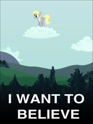 Size: 811x1081 | Tagged: artist needed, safe, derpy hooves, pegasus, pony, cloud, female, i want to believe, mare, on a cloud, parody, solo, standing on a cloud, the x files