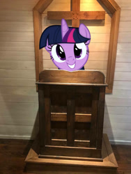 Size: 774x1032 | Tagged: safe, edit, editor:undeadponysoldier, photographer:undeadponysoldier, twilight sparkle, twilight sparkle (alicorn), alicorn, christianity, church, cross, dollywood, edited photo, grin, happy, irl, looking at you, photo, pigeon forge, podium, ponies in real life, religion, solo, tennessee