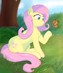 Size: 2920x3400 | Tagged: safe, artist:fdv.alekso, fluttershy, butterfly, insect, pegasus, pony, chest fluff, female, looking at something, mare, open mouth, raised hoof, raised leg, sitting, smiling, solo, tree, underhoof