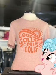 Size: 774x1032 | Tagged: safe, edit, editor:undeadponysoldier, photographer:undeadponysoldier, cozy glow, pegasus, pony, clothes, cozybetes, cute, dolly parton, dollywood, edited photo, female, filly, freckles, gift shop, golly, good golly miss dolly, happy, mannequin, pigeon forge, ponies in real life, raised hoof, raised leg, shirt, solo, tennessee