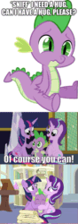 Size: 339x960 | Tagged: safe, artist:squipycheetah, edit, edited screencap, editor:undeadponysoldier, screencap, spike, twilight sparkle, twilight sparkle (alicorn), alicorn, dragon, pony, unicorn, a horse shoe-in, comic, cute, daaaaaaaaaaaw, female, glimmerbetes, group hug, happy, hug, hug accepted, hug request, male, mare, sad, spikabetes, spikelove, twiabetes