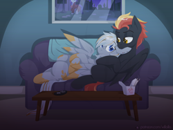 Size: 1600x1200 | Tagged: safe, artist:willoillo, derpibooru import, oc, oc only, pegasus, pony, commission, cuddling, pegasus oc, sofa