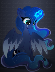 Size: 2572x3371 | Tagged: safe, artist:janelearts, derpibooru import, princess luna, alicorn, pony, crying, female, glowing, glowing horn, high res, horn, lonely, mare, sad, sitting, solo, wings