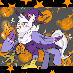 Size: 768x768 | Tagged: safe, artist:metaruscarlet, derpibooru import, oc, oc only, oc:gerbera, hippogriff, blushing, cape, clothes, female, halloween, hat, hippogriff oc, holiday, jack-o-lantern, pumpkin, solo, stars, wand, witch, witch costume, witch hat