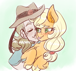 Size: 1313x1222 | Tagged: safe, artist:mimiporcellini, derpibooru import, applejack, earth pony, human, crossover, crossover shipping, hol horse, holjack, interspecies, jojo's bizarre adventure, kiss on the cheek, kissing, shipping