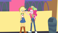 Size: 3410x1920 | Tagged: safe, derpibooru import, screencap, applejack, pinkie pie, better together, equestria girls, rollercoaster of friendship, applejack's hat, belt, boots, clothes, cowboy boots, cowboy hat, cutie mark, cutie mark on clothes, denim skirt, female, geode of super strength, hat, high res, jewelry, magical geodes, necklace, open mouth, shoes, skirt