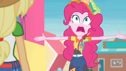 Size: 3410x1920 | Tagged: safe, derpibooru import, screencap, applejack, pinkie pie, better together, equestria girls, rollercoaster of friendship, applejack's hat, belt, clothes, cowboy hat, denim skirt, female, hat, high res, open mouth, skirt