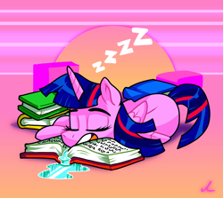 Size: 4500x4019 | Tagged: safe, artist:docwario, derpibooru import, twilight sparkle, twilight sparkle (alicorn), alicorn, pony, book, drool, eyes closed, onomatopoeia, open mouth, sleeping, sound effects, twitober, zzz