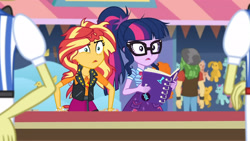 Size: 3410x1920 | Tagged: safe, derpibooru import, screencap, flam, flim, golden hazel, sandalwood, sci-twi, sunset shimmer, twilight sparkle, equestria girls, equestria girls series, rollercoaster of friendship, bowtie, brothers, clothes, crossed arms, cutie mark, cutie mark on clothes, female, flim flam brothers, geode of empathy, glasses, hand on hip, high res, identical twins, jacket, jewelry, leather, leather jacket, magical geodes, male, messy hair, necklace, notebook, open mouth, ponytail, siblings, twin brothers, twins