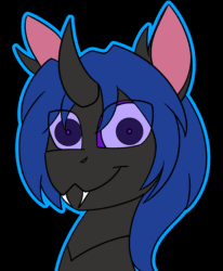 Size: 1732x2100 | Tagged: safe, artist:askhypnoswirl, derpibooru import, oc, oc only, oc:swift dawn, changeling, :3, animated, black background, blue changeling, bust, changeling oc, commission, fangs, gif, horn, hypnosis, hypnotized, kaa eyes, looking at you, male, simple background, smiling, solo, stallion, swirly eyes, ych result