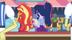 Size: 3410x1920 | Tagged: safe, derpibooru import, screencap, flam, flim, golden hazel, sandalwood, sci-twi, sunset shimmer, twilight sparkle, better together, equestria girls, rollercoaster of friendship, bowtie, brothers, clothes, crossed arms, cutie mark, cutie mark on clothes, female, flim flam brothers, glasses, hand on hip, high res, identical twins, jacket, leather, leather jacket, male, messy hair, notebook, ponytail, siblings, twin brothers, twins