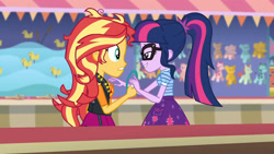 Size: 3410x1920 | Tagged: safe, derpibooru import, screencap, sci-twi, sunset shimmer, twilight sparkle, better together, equestria girls, rollercoaster of friendship, clothes, cutie mark, cutie mark on clothes, female, geode of empathy, glasses, high res, jacket, jewelry, leather, leather jacket, magical geodes, messy hair, necklace, ponytail, smiling