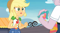 Size: 3410x1920 | Tagged: safe, derpibooru import, screencap, applejack, stanley excelsior, equestria girls, equestria girls series, rollercoaster of friendship, applejack's hat, belt, clothes, cowboy hat, cutie mark, cutie mark on clothes, denim skirt, female, geode of super strength, hat, high res, jewelry, magical geodes, male, necklace, open mouth, skirt