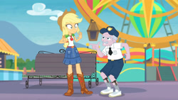 Size: 3410x1920 | Tagged: safe, derpibooru import, screencap, applejack, stanley excelsior, equestria girls, equestria girls series, rollercoaster of friendship, applejack's hat, belt, boots, clothes, cowboy boots, cowboy hat, cutie mark, cutie mark on clothes, denim skirt, female, geode of super strength, hat, high res, jewelry, magical geodes, male, necklace, pointing, shoes, skirt