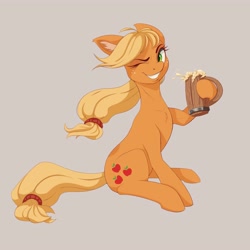 Size: 4000x4000 | Tagged: safe, artist:galinn-arts, derpibooru import, applejack, pony, cider mug, missing accessory, mug, simple background, sitting, smiling