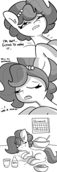 Size: 3300x9900 | Tagged: safe, artist:tjpones, derpibooru import, oc, oc only, oc:brownie bun, earth pony, pony, horse wife, black and white, calendar, canada, comic, crying, dialogue, eyes closed, female, grayscale, holiday, lying down, mare, monochrome, pepto-bismol, solo, stomach ache, thanksgiving