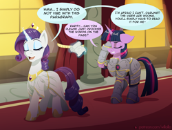 Size: 1600x1200 | Tagged: safe, artist:willoillo, derpibooru import, rarity, twilight sparkle, unicorn twilight, pony, unicorn, alternate universe, armor, bodyguard, clothes, crown, dialogue, dress, eyes closed, facehoof, female, hoof shoes, jewelry, lesbian, levitation, magic, open mouth, open smile, paper, rarilight, regalia, scar, shipping, smiling, speech bubble, telekinesis