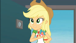 Size: 3410x1920 | Tagged: safe, derpibooru import, screencap, applejack, better together, equestria girls, rollercoaster of friendship, applejack's hat, clothes, cowboy hat, cutie mark, cutie mark on clothes, female, geode of super strength, hat, high res, jewelry, magical geodes, necklace, solo