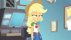 Size: 3410x1920 | Tagged: safe, derpibooru import, screencap, applejack, equestria girls, equestria girls series, rollercoaster of friendship, applejack is not amused, applejack's hat, belt, clothes, cowboy hat, cutie mark, cutie mark on clothes, denim skirt, female, geode of super strength, hat, high res, jewelry, magical geodes, necklace, skirt, solo, unamused
