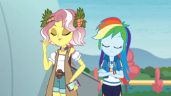 Size: 3410x1920 | Tagged: safe, derpibooru import, screencap, rainbow dash, vignette valencia, equestria girls, equestria girls series, rollercoaster of friendship, cellphone, clothes, crossed arms, cutie mark, cutie mark on clothes, eyes closed, female, geode of super speed, high res, hoodie, jewelry, magical geodes, necklace, phone, smartphone, smiling