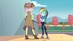 Size: 3410x1920 | Tagged: safe, derpibooru import, screencap, rainbow dash, vignette valencia, equestria girls, equestria girls series, rollercoaster of friendship, cellphone, clothes, crossed arms, cutie mark, cutie mark on clothes, female, geode of super speed, hand on hip, high res, hoodie, jewelry, magical geodes, necklace, phone, shoes, smartphone, smiling, sneakers