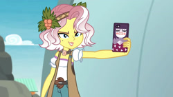 Size: 3410x1920 | Tagged: safe, derpibooru import, screencap, vignette valencia, better together, equestria girls, rollercoaster of friendship, cellphone, female, high res, phone, smartphone, smiling, solo