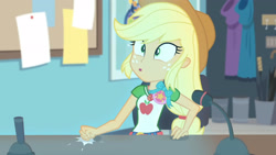 Size: 3410x1920 | Tagged: safe, derpibooru import, screencap, applejack, better together, equestria girls, rollercoaster of friendship, :o, applejack's hat, belt, clothes, cowboy hat, cutie mark, cutie mark on clothes, denim skirt, female, geode of super strength, hat, high res, jewelry, magical geodes, necklace, open mouth, skirt, solo