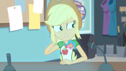 Size: 3410x1920 | Tagged: safe, derpibooru import, screencap, applejack, better together, equestria girls, rollercoaster of friendship, applejack's hat, clothes, cowboy hat, cutie mark, cutie mark on clothes, female, geode of super strength, hat, high res, jewelry, magical geodes, necklace, solo