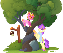 Size: 1280x1066 | Tagged: safe, artist:lilywolfpie-yt, derpibooru import, luster dawn, oc, oc:pear jam, pony, alternate hairstyle, bird house, clothes, collar, intertwined trees, offspring, parent:big macintosh, parent:sugar belle, parents:sugarmac, rock, scarf, simple background, transparent background, tree