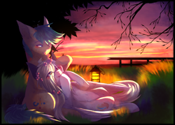 Size: 1500x1072 | Tagged: safe, artist:primarylilybrisk, derpibooru import, oc, oc only, earth pony, pony, blushing, duo, female, glasses, grass, lantern, lying down, male, mare, on back, outdoors, sitting, sky, stallion, tree, twilight (astronomy)