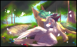 Size: 1300x790 | Tagged: safe, artist:primarylilybrisk, derpibooru import, oc, oc only, butterfly, pegasus, pony, choker, crepuscular rays, duo, eyes closed, female, grass, lying, male, mare, outdoors, sky, stallion, tree