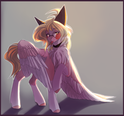 Size: 1450x1355 | Tagged: safe, artist:primarylilybrisk, derpibooru import, oc, oc only, pegasus, pony, chest fluff, choker, coat markings, colored hooves, colored wings, glasses, looking at you, socks (coat marking), solo, spread wings, standing, tongue, tongue out, two toned wings, wings