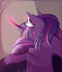 Size: 1010x1176 | Tagged: safe, artist:primarylilybrisk, derpibooru import, twilight sparkle, twilight sparkle (alicorn), alicorn, pony, bust, colored wings, crown, curved horn, female, glowing, glowing eyes, glowing horn, horn, jewelry, mare, regalia, solo, wings