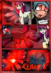 Size: 2480x3508 | Tagged: safe, artist:dsana, derpibooru import, fizzlepop berrytwist, tempest shadow, oc, oc:fireweed, oc:thistledown, earth pony, pony, unicorn, comic:a storm's lullaby, comic