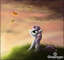 Size: 1593x1509 | Tagged: safe, artist:lilafly, derpibooru import, sweetie belle, pony, unicorn, blank flank, female, filly, grass, leaf, sky, solo