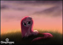 Size: 1746x1257 | Tagged: safe, artist:lilafly, derpibooru import, pinkie pie, earth pony, pony, 2013, ears, floppy ears, grass, lying down, pinkamena diane pie, prone, sad, sky, solo