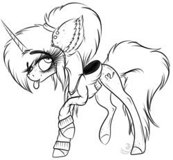 Size: 2156x1994 | Tagged: safe, artist:beamybutt, derpibooru import, oc, oc only, oc:heart sketch, alicorn, pony, :p, alicorn oc, ear fluff, ear piercing, ears, eyelashes, female, horn, lineart, mare, monochrome, piercing, raised hoof, raised leg, signature, solo, tongue, tongue out, wings