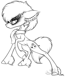 Size: 2176x2597 | Tagged: safe, artist:beamybutt, derpibooru import, oc, oc only, earth pony, pony, clothes, ear fluff, ears, earth pony oc, eyelashes, female, hoof fluff, lineart, mare, monochrome, raised hoof, raised leg, scarf, signature, solo