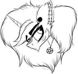 Size: 2204x2083 | Tagged: safe, artist:beamybutt, derpibooru import, oc, oc only, pony, unicorn, bust, ear fluff, ear piercing, ears, horn, jewelry, lineart, male, monochrome, necklace, piercing, simple background, solo, stallion, unicorn oc, white background