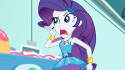 Size: 3410x1920 | Tagged: safe, derpibooru import, screencap, rarity, better together, equestria girls, rollercoaster of friendship, bracelet, female, geode of shielding, hairpin, high res, jewelry, magical geodes, open mouth, rarity peplum dress, solo