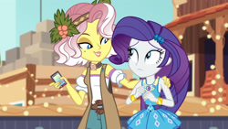 Size: 3410x1920 | Tagged: safe, derpibooru import, screencap, rarity, vignette valencia, better together, equestria girls, rollercoaster of friendship, bracelet, cellphone, female, geode of shielding, hairpin, high res, jewelry, magical geodes, phone, rarity peplum dress, smartphone, smiling